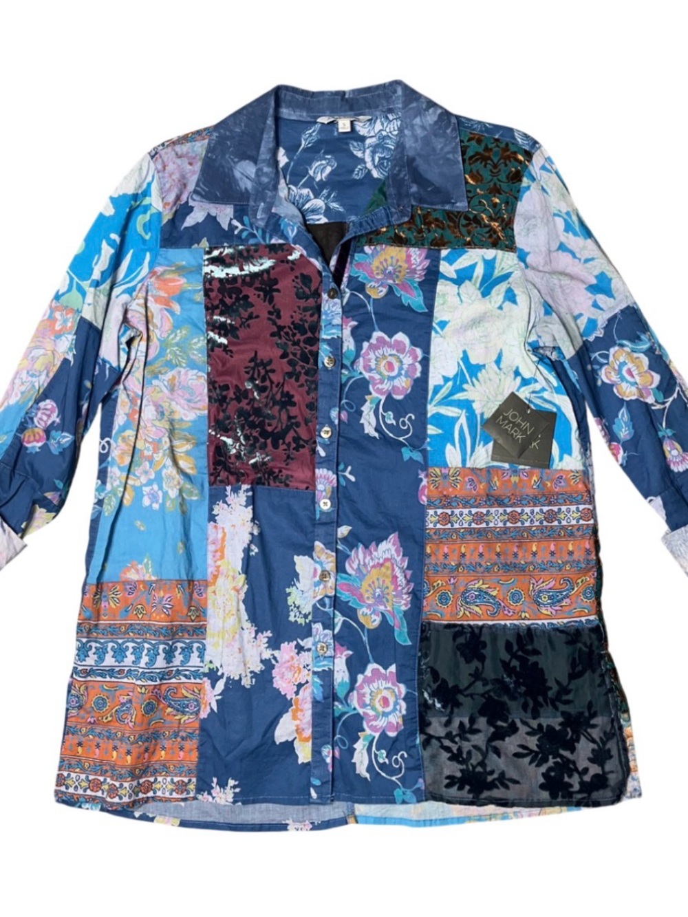 John Mark Boho Blue Patchwork Button Blouse Collar Floral Ladies Small NWT